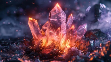 Pink glowing crystal on a bed of rocks.