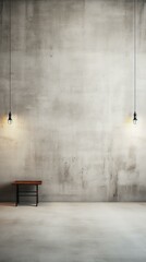 b'Grunge concrete wall with wooden table and hanging light bulbs'
