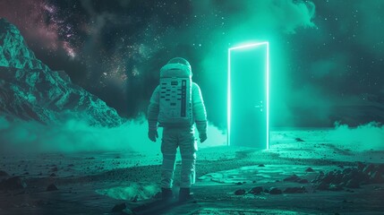 b'Astronaut in front of a portal on a distant planet'