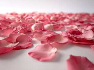 Pink rose petals scattered on a white surface in a close up view