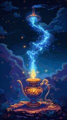 pixel art of a magic lamp with blue smoke coming out of it against a starry night sky