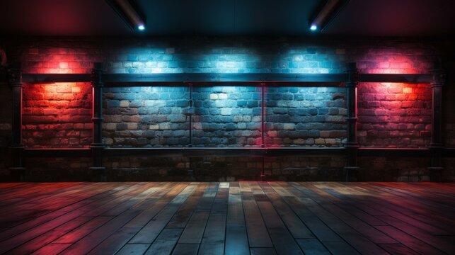 b'Blue and red neon lights illuminate a brick room with a wooden floor'