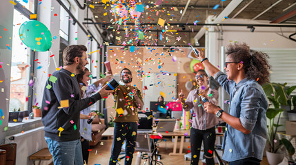 A photograph of a design team throwing colorful paper airplanes in celebration of a successful project delivery