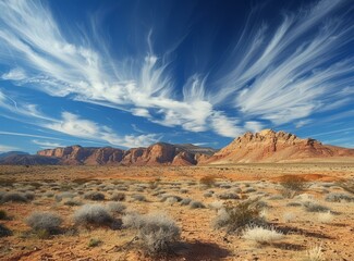b'Arid desert landscape with blue sky and wispy white clouds'