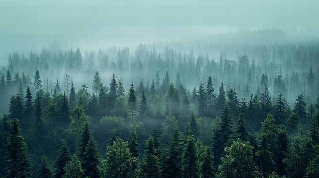 b'Misty forest landscape with pine trees and fog'
