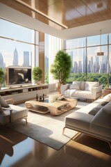 b'Modern living room interior design with large windows and city view'