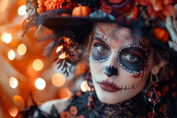 b'A woman wearing a Halloween costume with a skull-like face paint.'