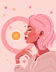 Portrait of young woman with short pink hair, abstract cosmic background, fantasy flat illustration 