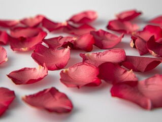 Red rose petals scattered on a white surface.