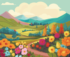 Fields Hills Flowers Country Landscape Background