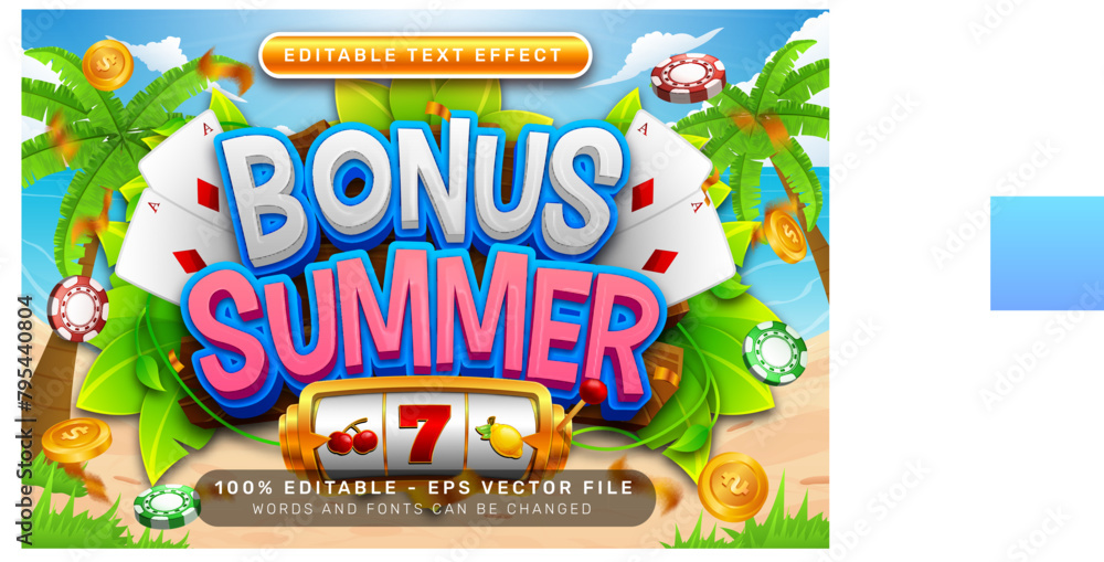 Poster bonus summer 3d text effect and editable text effect with illustration of summer on the beach