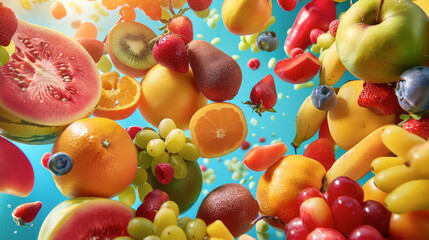 Fruits falling on mixed fruits pile with blue background.