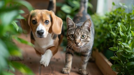 Playful chase captured between a beagle and a grey tabby cat amidst vibrant houseplants, showcasing the joyful interactions of domestic pets
