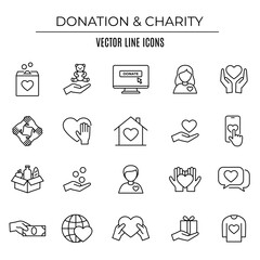 Donation and charity outline icon set. Editable stroke.