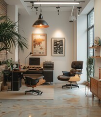 b'Modern home office with mid-century modern furniture and iMac computer'
