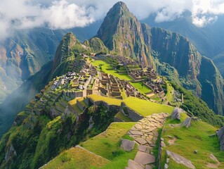 The ancient city of Machu Picchu, located in the Andes Mountains ,  - obrazy, fototapety, plakaty