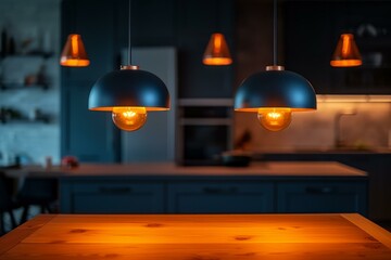 b'Retro copper pendant lights hanging over wood table in modern kitchen'
