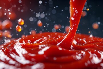 Indulge in the bold flavor of liquid ketchup, its vibrant hue and smooth texture offering satisfaction - obrazy, fototapety, plakaty