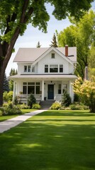 b'A beautiful craftsman-style house with a large front porch and lush green lawn'