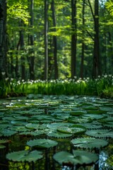 b'Close-up of lily pads in a pond with a forest in the background'