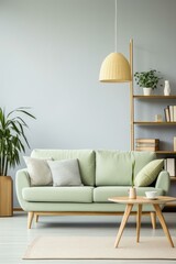 b'Modern living room interior with green sofa, coffee table and decorative accessories'