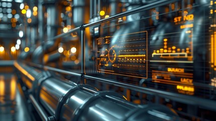 The image shows a futuristic industrial interior with pipes and a digital display.