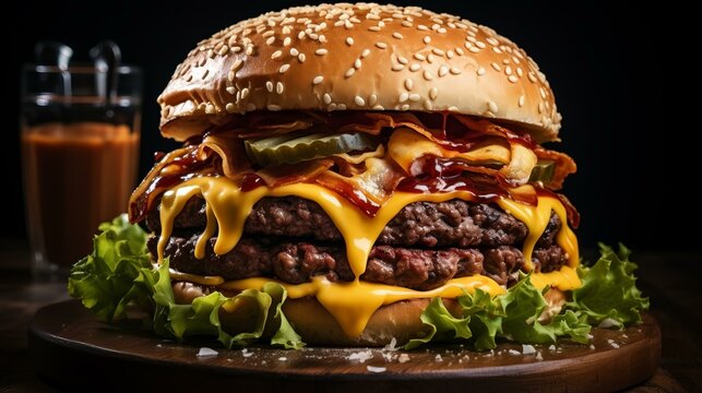 b'A delicious double cheeseburger with bacon and pickles'