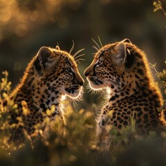 b'Two young leopards staring at each other in the middle of a bush with a blurry golden background'