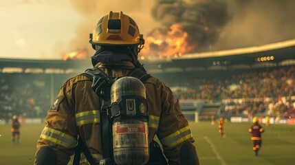 Photo of a firefighter from behind with a burning stadium in the background.