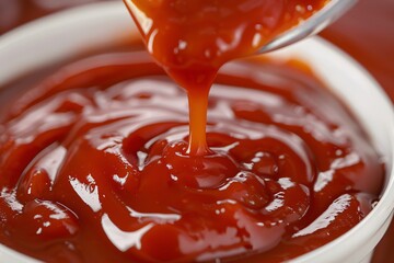 Indulge in the savory richness of liquid ketchup, its glossy surface and vibrant color stimulating the appetite