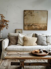 b'A cozy living room with a vintage painting above the sofa'
