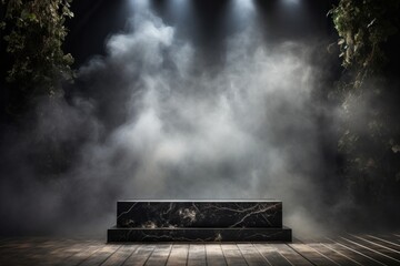 Smoke background outdoors bench fog. - obrazy, fototapety, plakaty