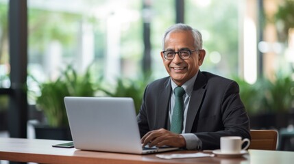 Smiling senior Indian business executive sitting at desk using laptop.