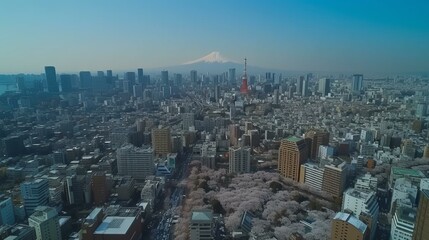 b'Tokyo cityscape with cherry blossoms and Tokyo Tower'