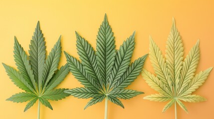 Three cannabis leaves in different stages of maturity on a yellow background