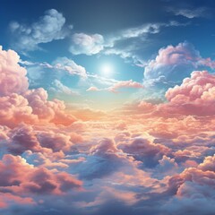 b'A beautiful cloudscape with a bright sun and a variety of cloud formations'