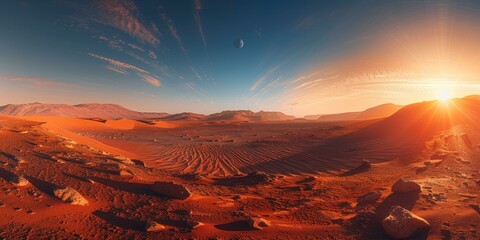 b'Red sand desert with blue sky and sun'