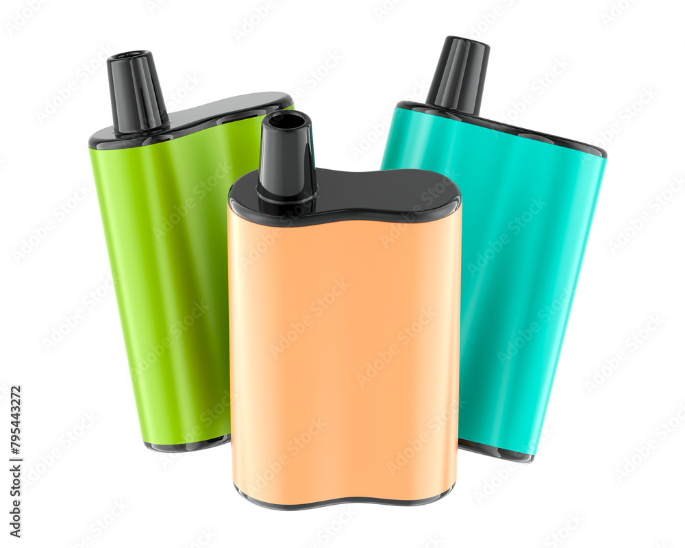 Poster disposable vapes, three colored vapes. 3d rendering isolated on transparent background
