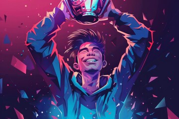 victorious esports champion holding trophy competitive gaming success digital illustration