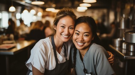 b'Portrait of two female chefs smiling in a commercial kitchen'