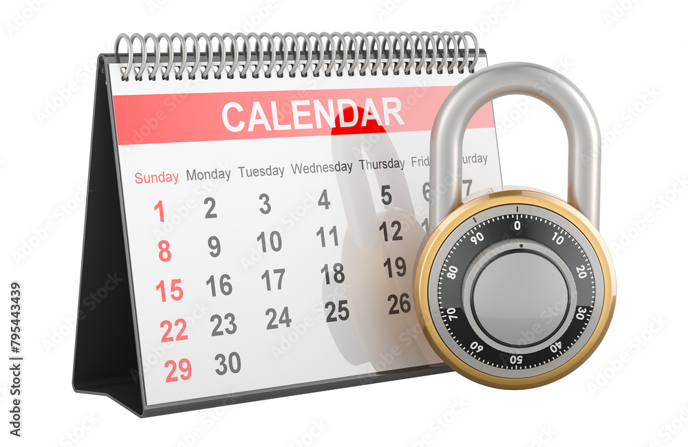 Poster desk calendar with padlock, 3d rendering isolated on transparent background