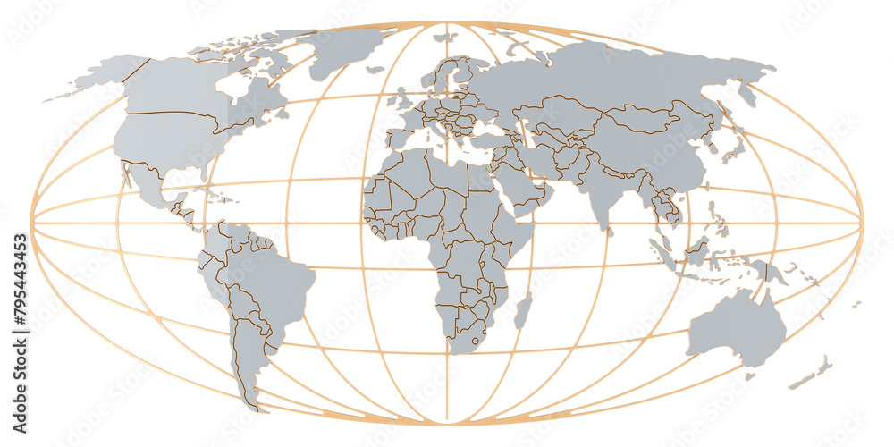 Aufkleber metallic world map, 3d rendering isolated on transparent background