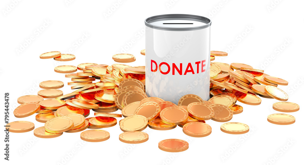 Poster donation can with pile of golden coins, 3d rendering isolated on transparent background