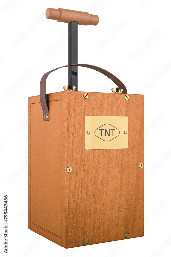 Poster vintage bomb detonator. blasting machine, shot exploder. 3d rendering isolated on transparent backgr