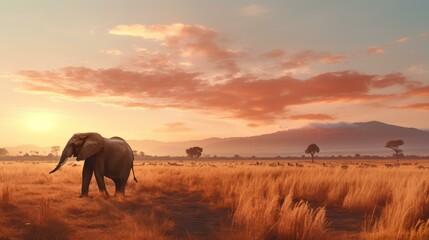 Fototapeta premium b'Elephant walking through the tall grass savanna during sunset'