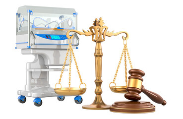 Neonatal incubator with Wooden Gavel and Scales of Justice. 3D rendering isolated on transparent background