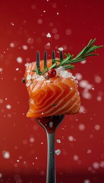 b'A piece of salmon fillet on a fork with rosemary and spices'