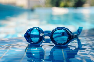 Swimming glasses or goggles near the swimming pool in tropical resort
