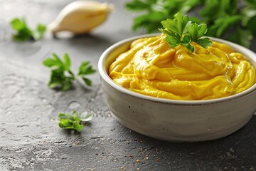 Delve into the creamy smoothness of mustard, its vibrant color and bold flavor mesmerizing