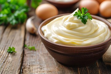 Delve into the creamy richness of liquid mayonnaise, its smooth texture and gentle aroma creating a sense of peace - obrazy, fototapety, plakaty